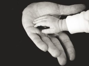 A baby's hand resting on an adult's hand representing parental leave for a new child